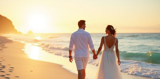 Jeune couple marié marchant sur la plage au coucher de soleil