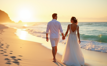 Choisir sa lune de miel : conseils et astuces pour une escapade parfaite Jeune couple marié marchant sur la plage au coucher de soleil