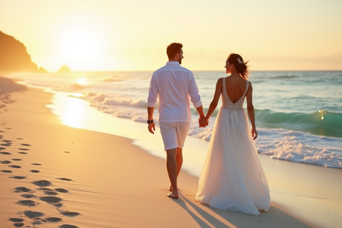 Jeune couple marié marchant sur la plage au coucher de soleil