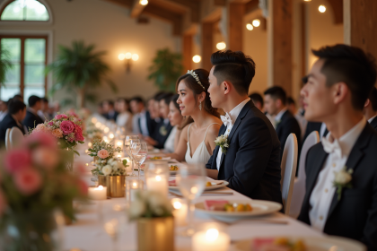 Jeune couple en robe blanche et costume sombre lors d'un mariage
