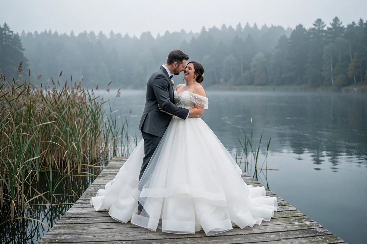 Couple de mariés en robe princesse à volants sur un ponton au bord d'un lac brumeux