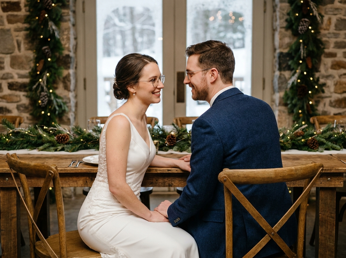 Couple de mariés portant des lunettes à fines montures métalliques lors de leur réception de mariage hivernal en intérieur
