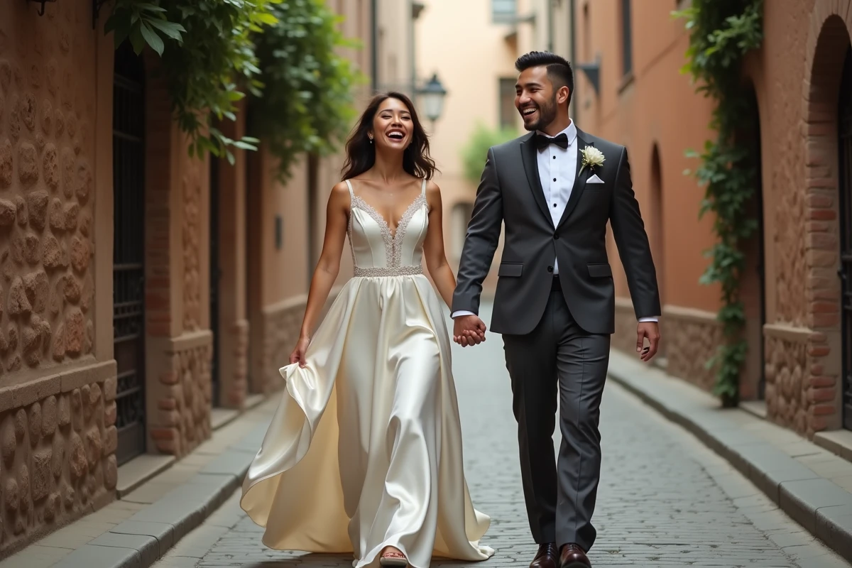 Couple de mariés marchant et riant dans une ruelle pavée lors de leur film de mariage