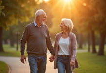 Couple mature se tenant la main dans un parc ensoleille