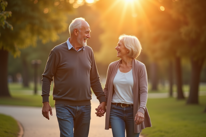 Couple mature se tenant la main dans un parc ensoleille