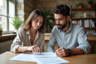 Couple mixte examinant les documents pour une demande de visa mariage en France