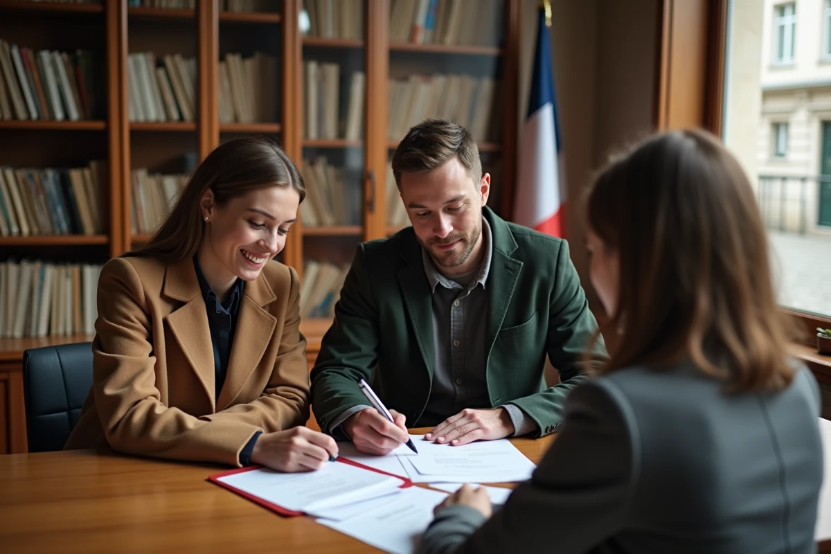 Couple rencontrant l'officier d'état civil pour la publication des bans de mariage à la mairie