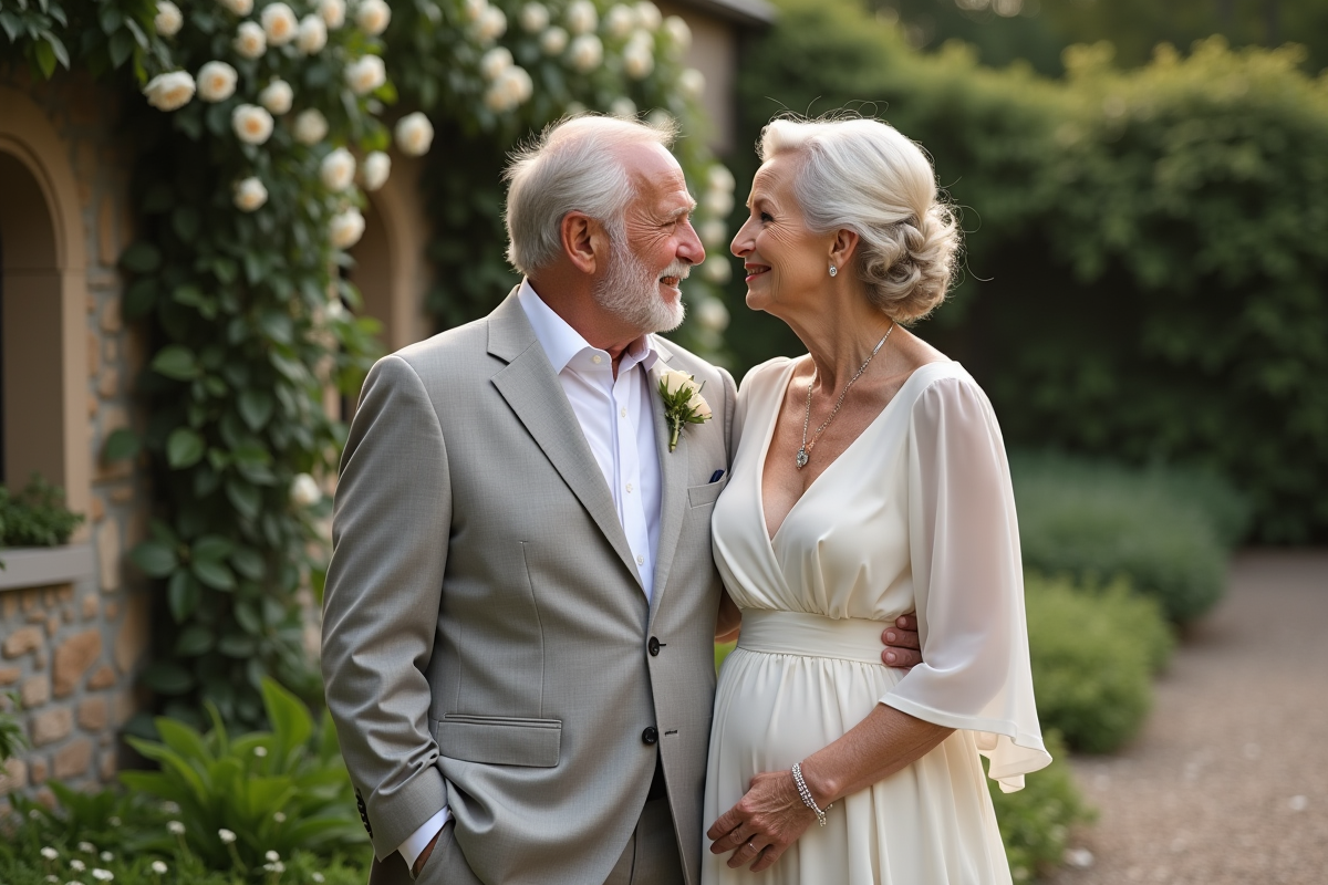 Vieux couple marié posant dans un jardin romantique