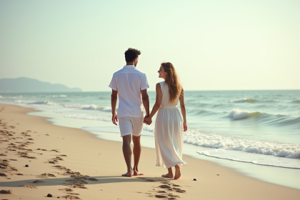 Jeune couple interracial marche sur la plage au coucher du soleil