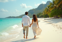 Meilleures destinations lune de miel en mai : où partir pour une lune de miel exceptionnelle ? Jeune couple marche sur plage au lever du soleil