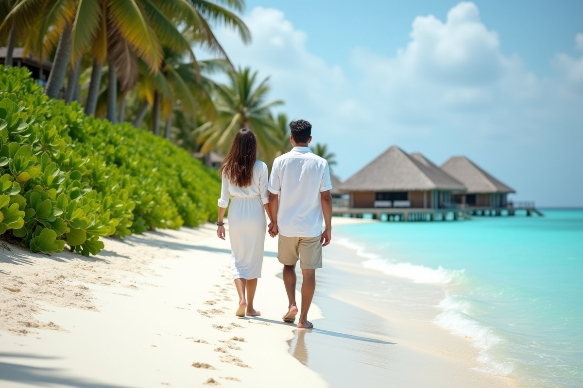Jeune couple marié marchant sur une plage tropicale