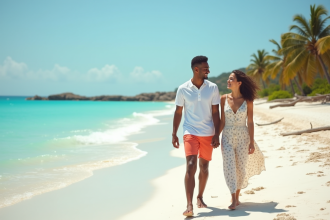 Jeune couple interracial souriant sur la plage en été