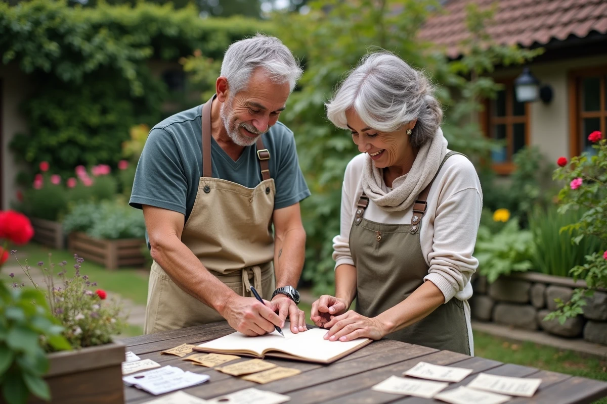 Un couple passionné de jardinage planifiant ensemble leurs semis autour d'une table de jardin rustique