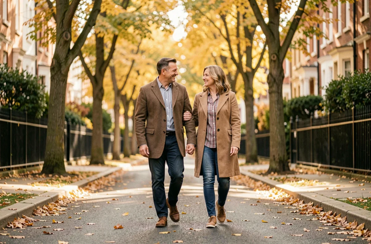 Couple se promenant dans une rue arborée en automne, illustrant la vie de famille et la complicité conjugale