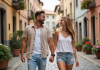 Budget lune de miel : combien prévoir pour un voyage romantique en amoureux ? Jeune couple marchant dans une rue pavée colorée en Europe
