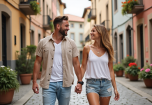 Budget lune de miel : combien prévoir pour un voyage romantique en amoureux ? Jeune couple marchant dans une rue pavée colorée en Europe