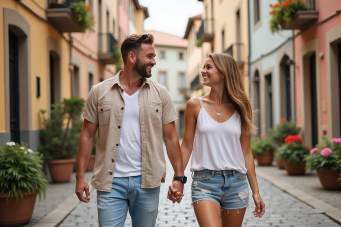 couple-randonnee-europe Jeune couple marchant dans une rue pavée colorée en Europe
