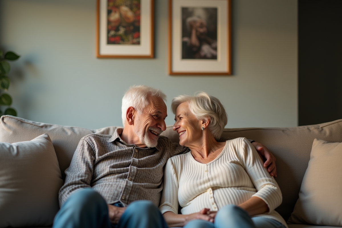 Couple plus age assis sur le canapé dans le salon