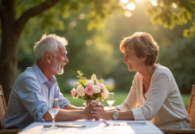 Couple mature souriant main dans la main en extérieur