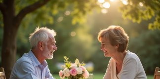 Couple mature souriant main dans la main en extérieur