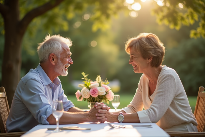 Couple mature souriant main dans la main en extérieur