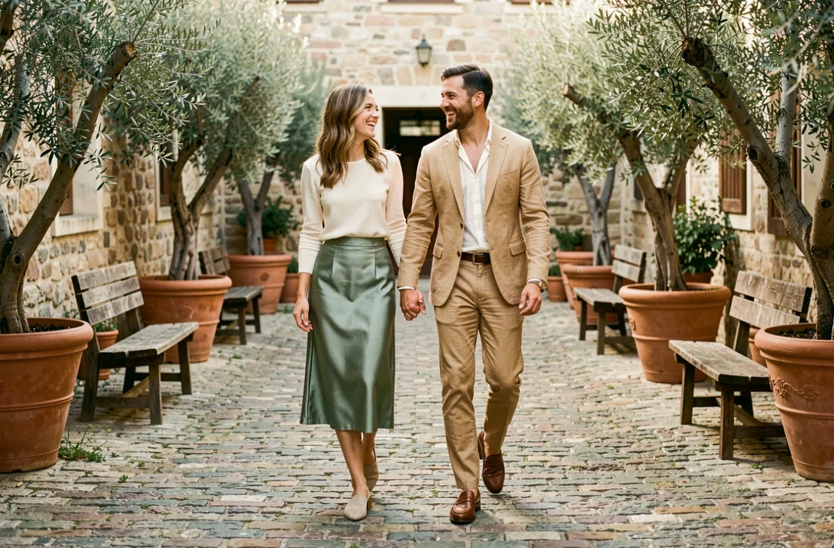 Couple en tenue bohème chic pour mariage civil se promenant dans une cour en pierres