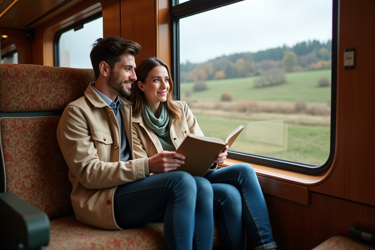 Jeune couple en voyage en train regardant par la fenetre