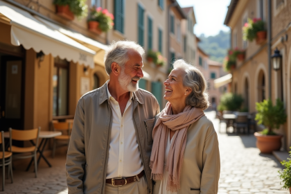Couple souriant dans une rue ensoleillee d'un village europeen