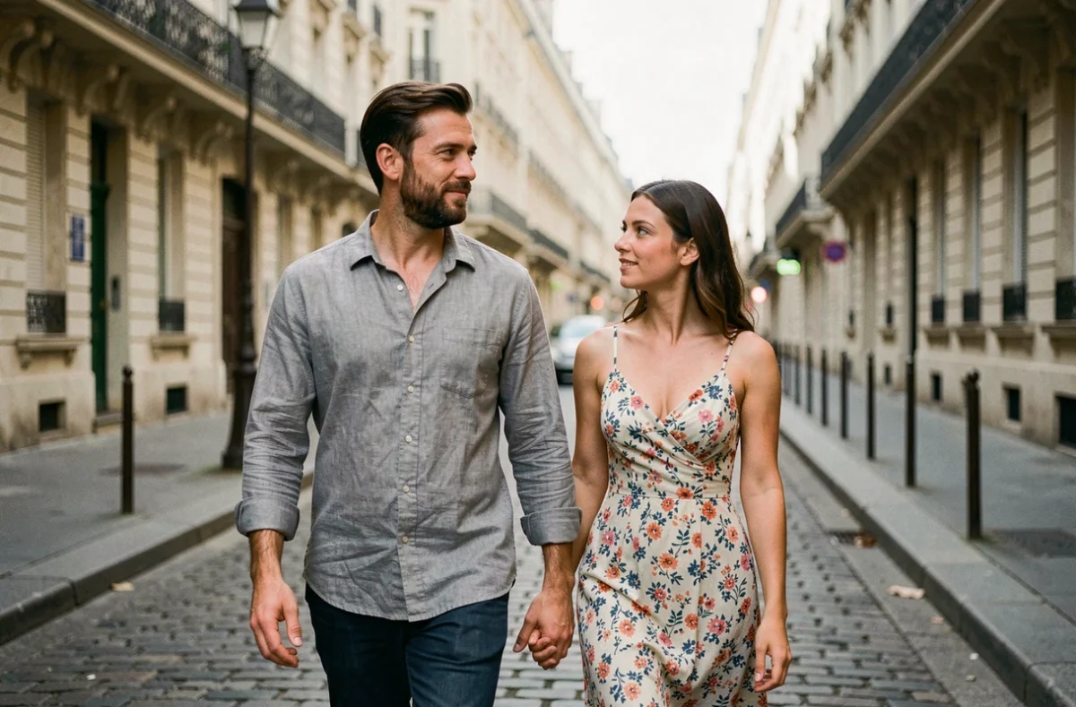 Couple se promenant dans une rue parisienne pavée, évoquant la protection de la vie privée et l'intimité des personnalités publiques