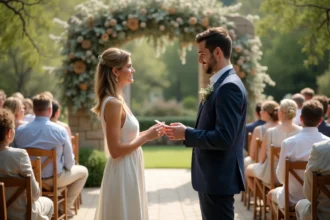 Couple échangeant leurs vœux lors d'un mariage laïque en plein air sous une arche de verdure