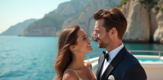 Jeune couple élégant sur un yacht en Méditerranée