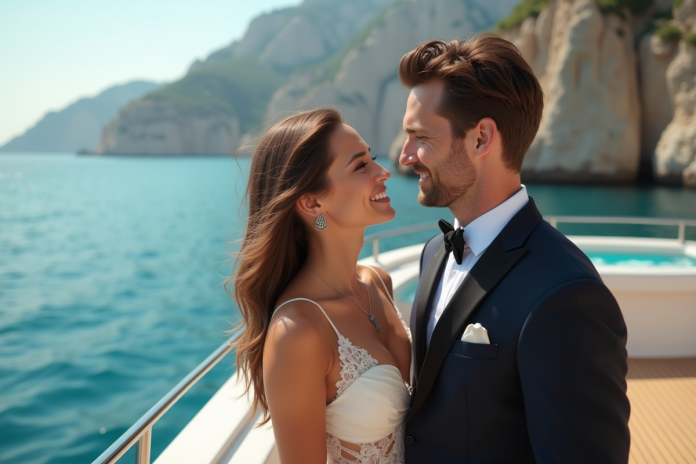 Jeune couple élégant sur un yacht en Méditerranée