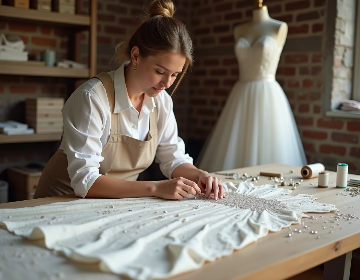 Couturière appliquant des strass sur une robe de mariée princesse sur mesure dans un atelier de couture