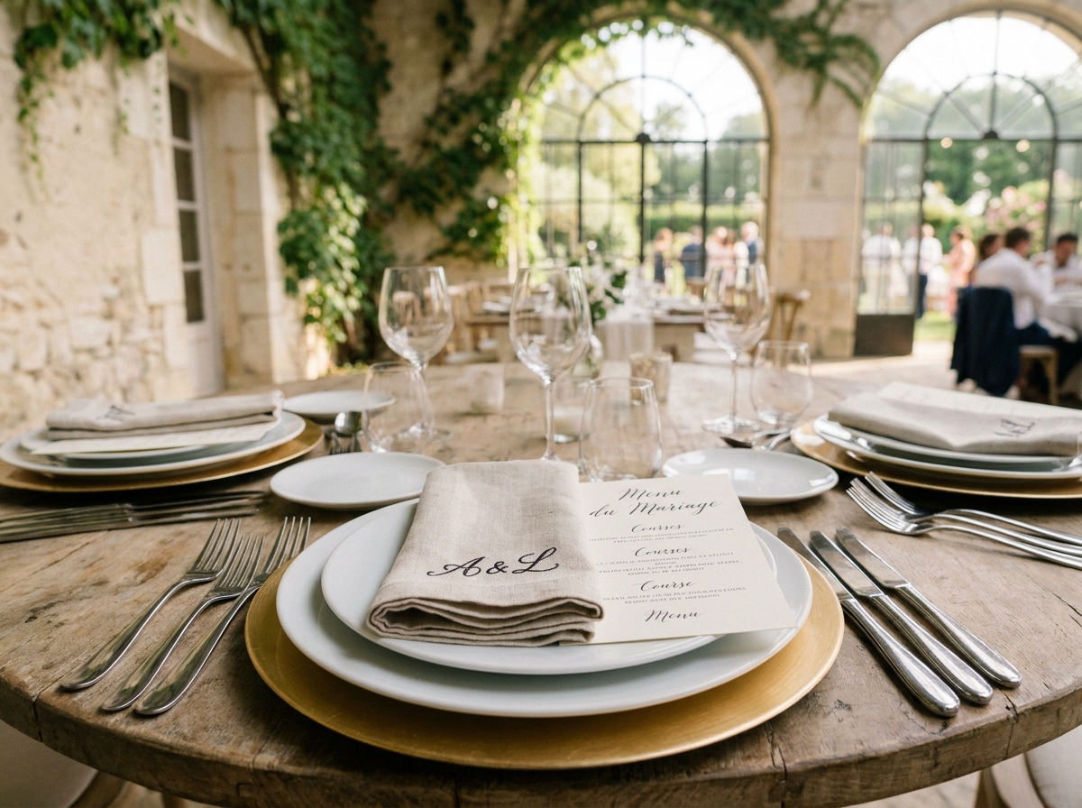 Gros plan sur un couvert de mariage en céramique blanche mate et assiette charger dorée avec serviette brodée et menu calligraphié