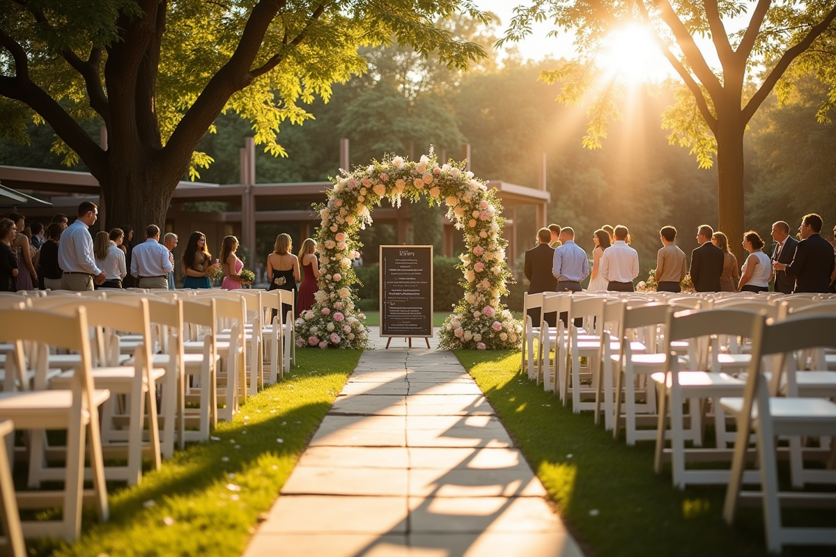 Espace de cérémonie de mariage en plein air avec chaises et arche florale