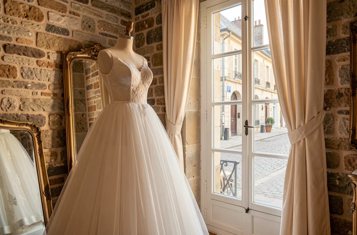 Robe de mariée en tulle sur mannequin dans la boutique Cymbeline d'Angers, avec mur en pierre apparente typique et fenêtre à la française