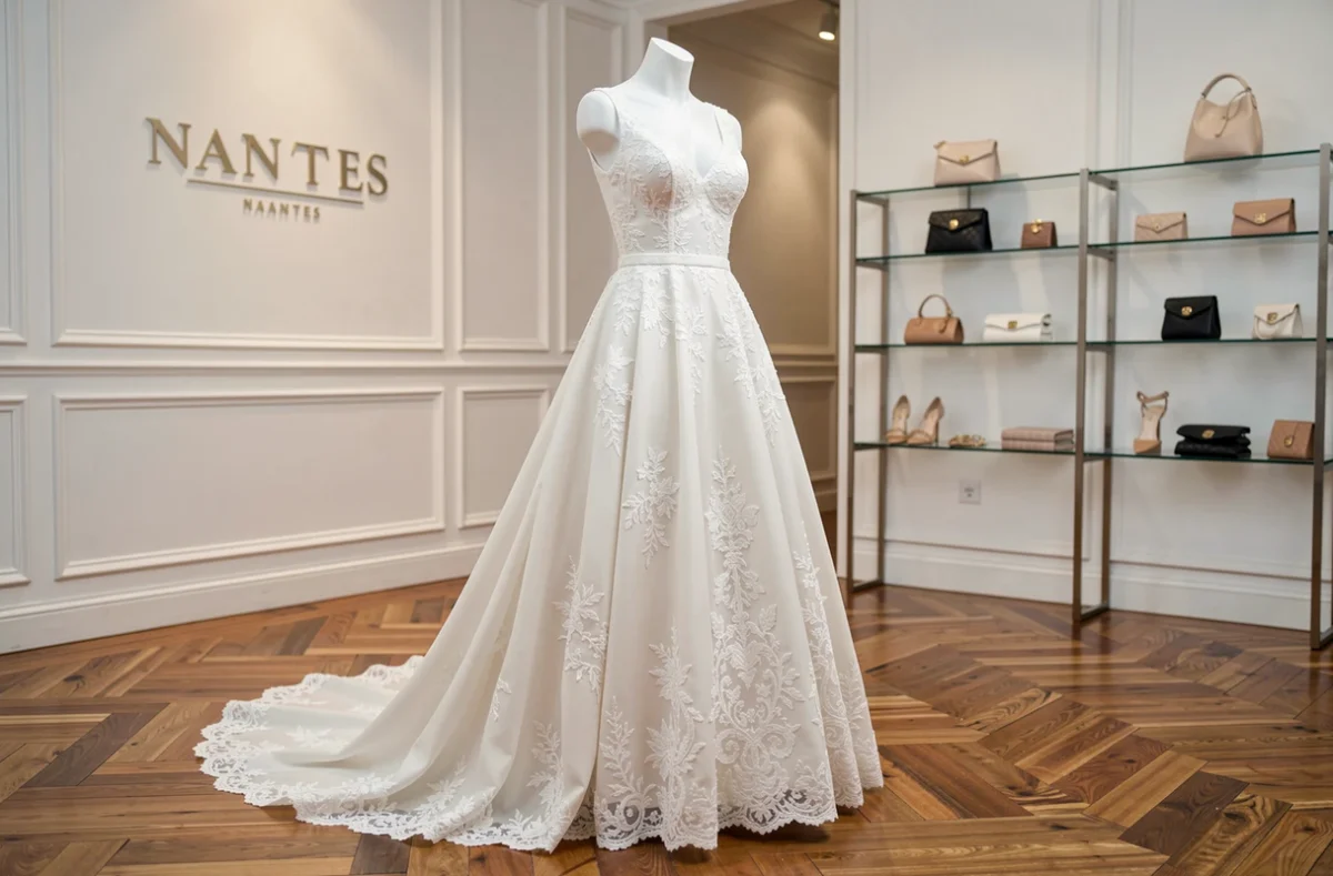 Robe de mariée en dentelle exposée dans la boutique Cymbeline de Nantes, vue trois quarts sur mannequin avec intérieur élégant en arrière-plan