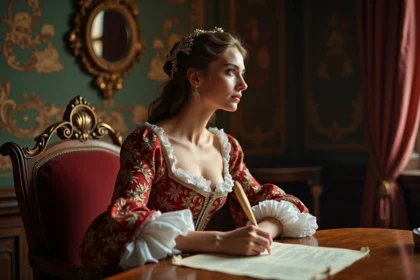 Dame en robe royale du 17e siècle dans un décor luxueux
