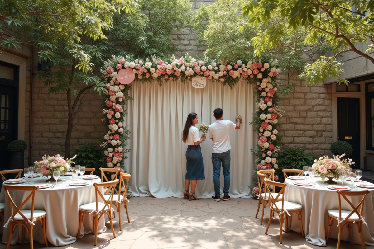 Deux décorateurs créant une fresque florale en extérieur
