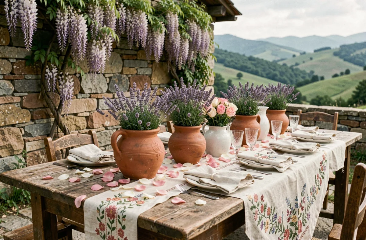 Décoration de table de mariage rustique dans une ferme albanaise traditionnelle avec vue sur les collines verdoyantes