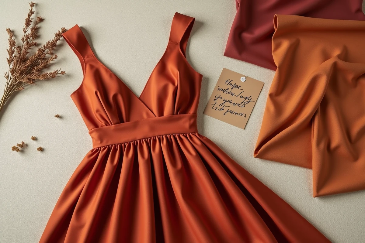 Détail d'une robe terracotta avec échantillons de tissu en nuances terreuses pour choisir la bonne teinte de terracotta