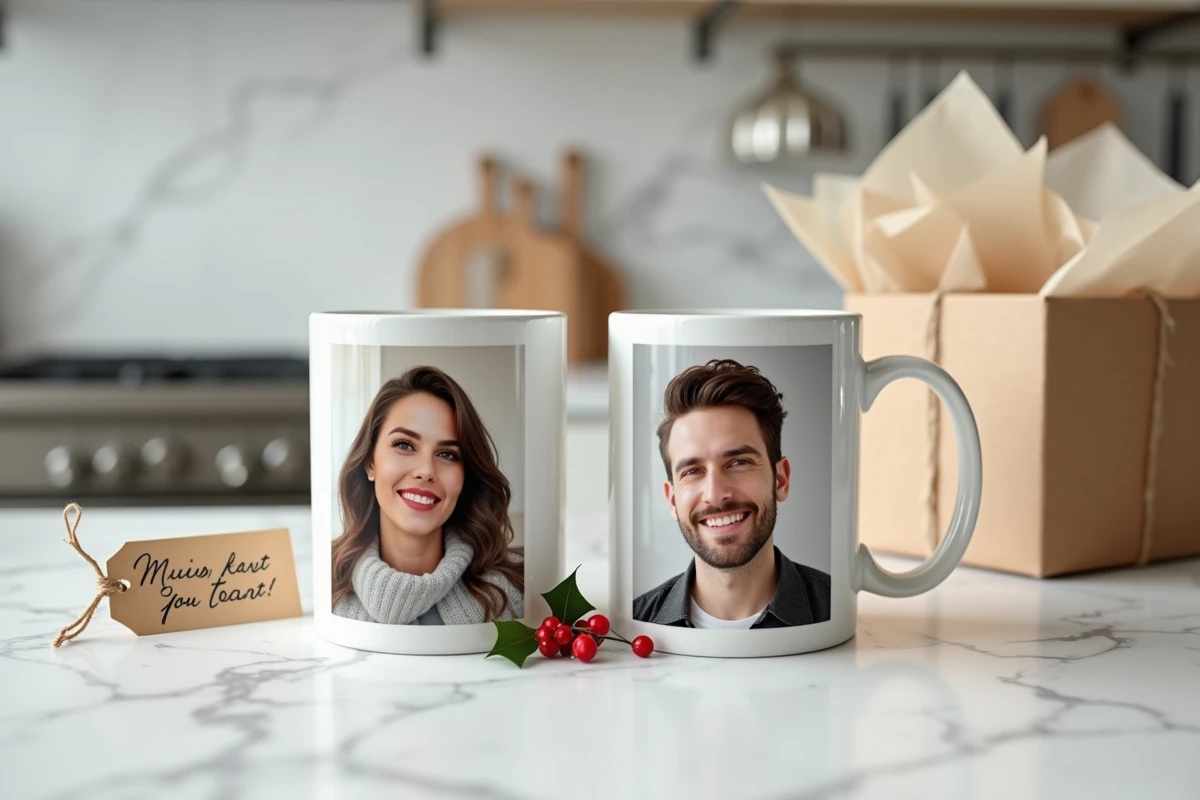 Deux gobelets personnalisés avec photo imprimée posés sur un comptoir en marbre avec une étiquette cadeau et des décorations de Noël festives