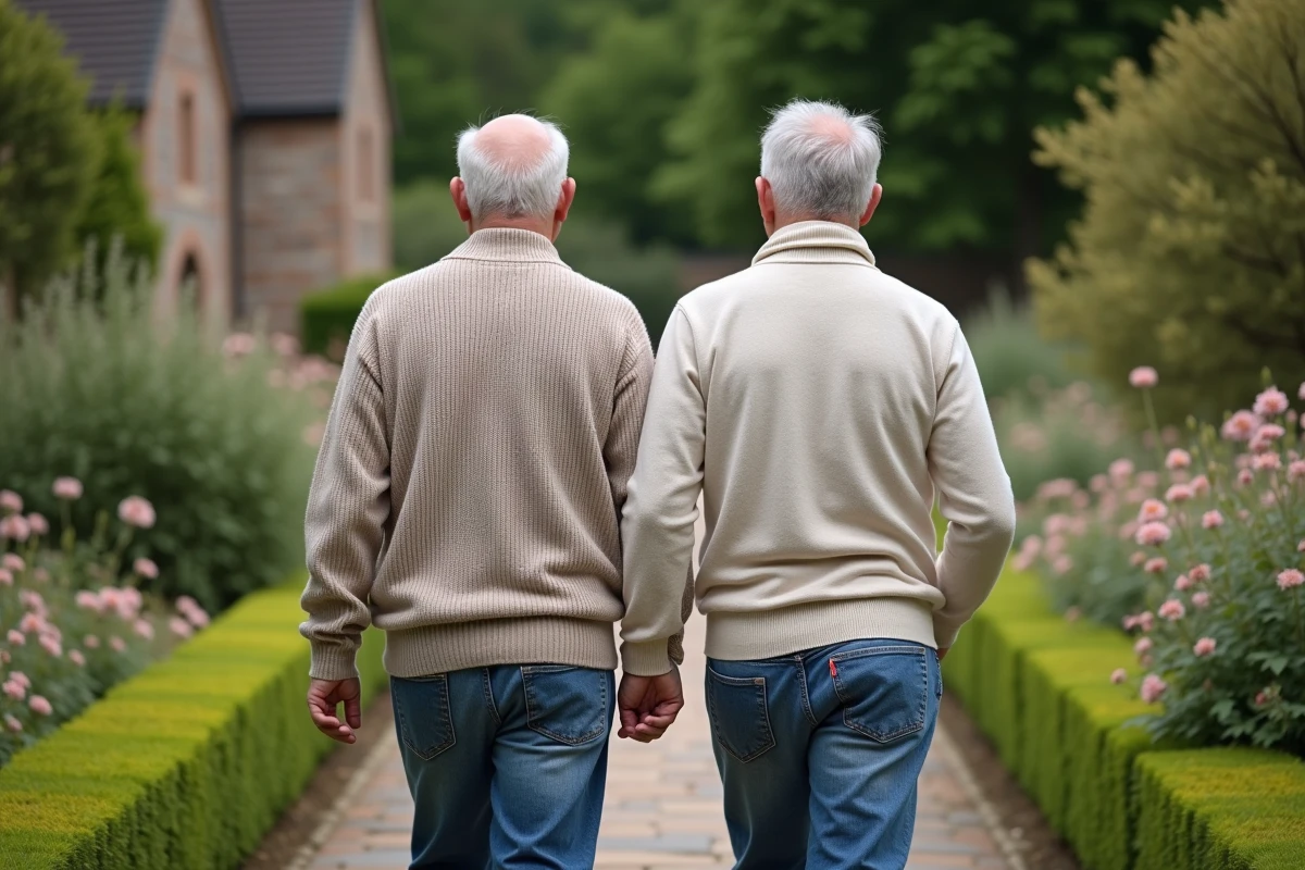 Deux hommes âgés se promenant dans un jardin fleuri