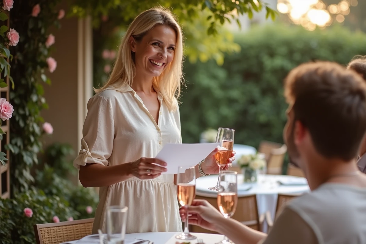 Amie de longue date portant un toast et lisant un discours sur l'évolution du couple lors de leur anniversaire de mariage