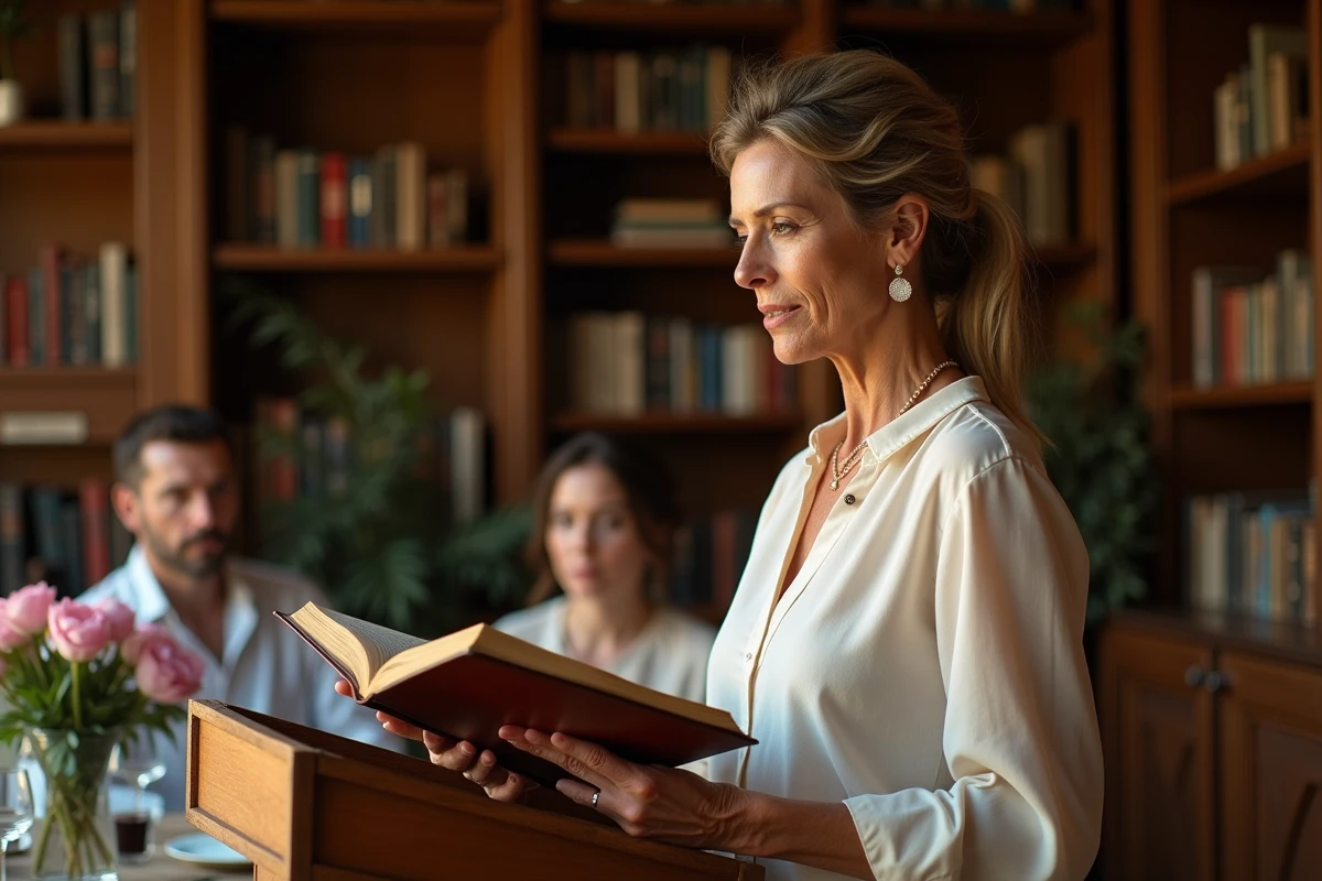 Femme lisant des citations littéraires sur l'amour durable lors d'un discours pour 17 ans de mariage