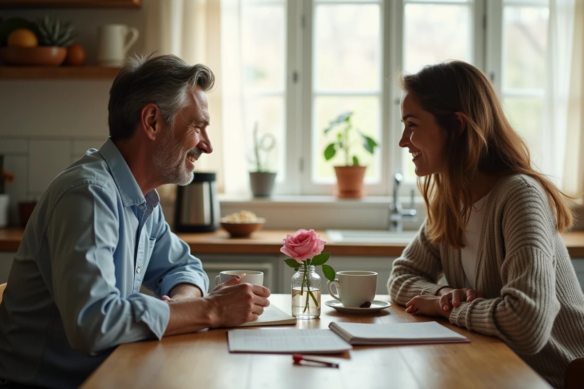 Couple partageant un discours intime sur la complicité quotidienne autour d'un café dans leur cuisine pour leurs 17 ans
