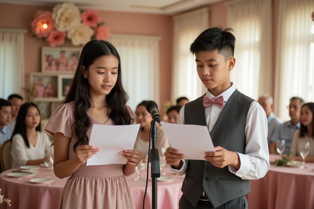 Enfants adolescents lisant un discours pour les 17 ans de mariage de leurs parents lors d'une célébration familiale