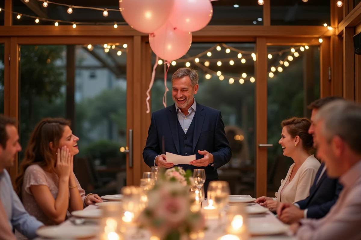 Homme lisant un discours humoristique sur les habitudes de couple lors d'un dîner d'anniversaire de 17 ans de mariage