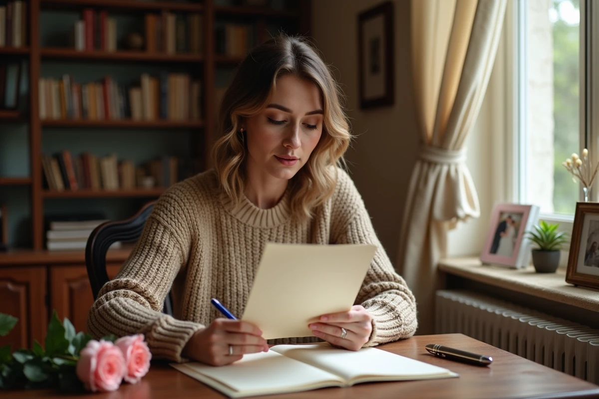 Femme lisant à voix haute une lettre manuscrite rédigée pour son conjoint lors de leurs 17 ans de mariage