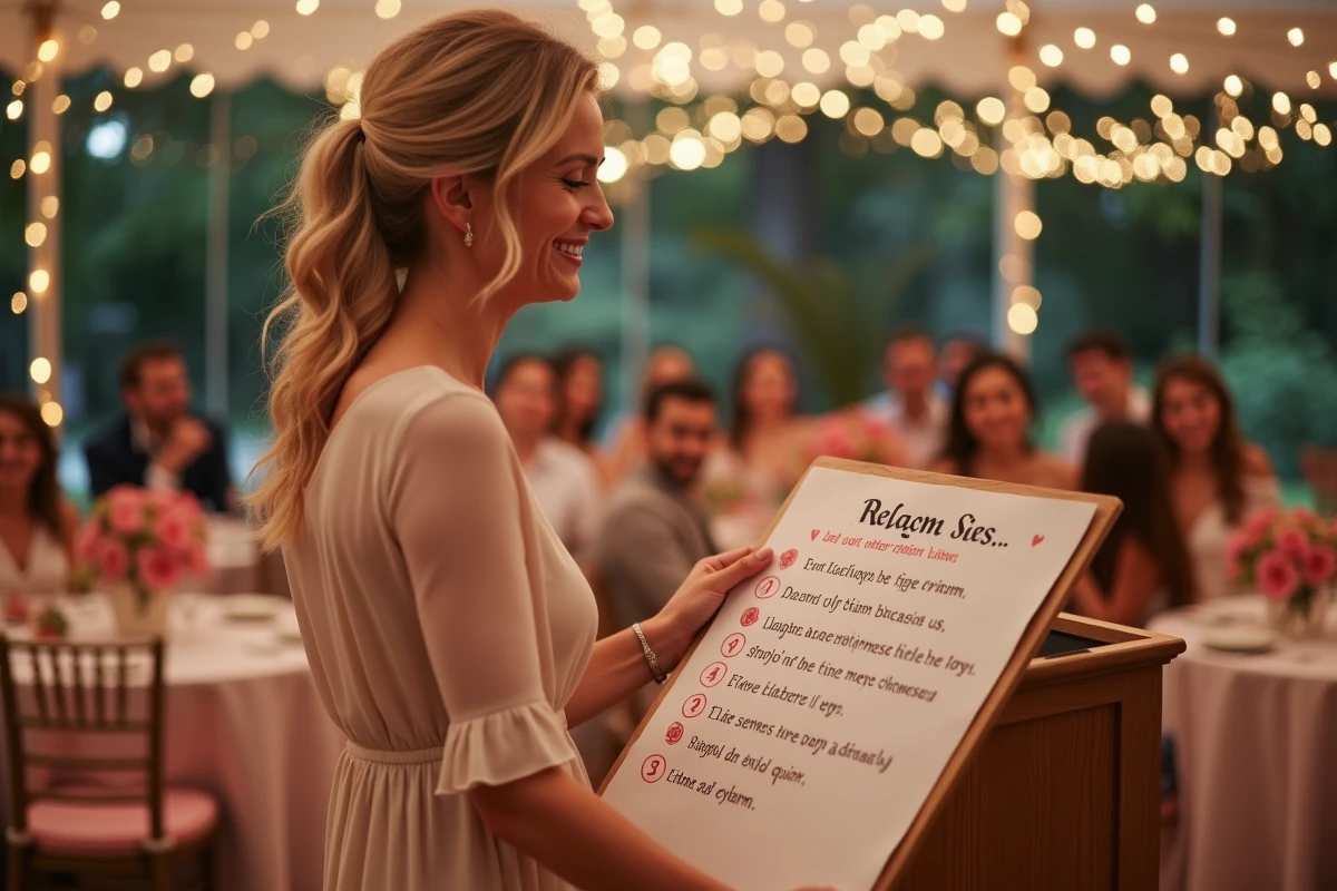 Femme lisant une liste de 17 raisons d'aimer son partenaire lors d'un discours pour leurs noces de rose